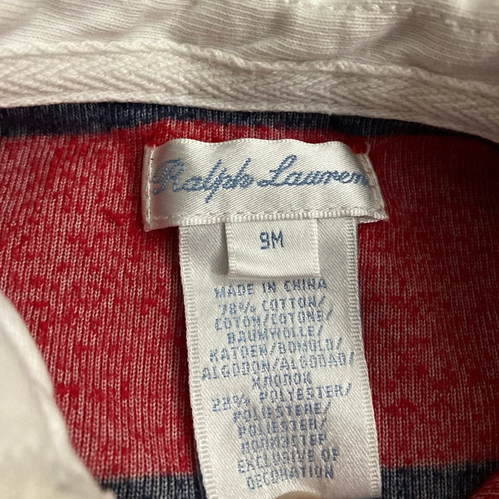 Ralph Lauren‎ Baby Rugby Stripe Velour Footed One Piece 9M Red Navy Classic